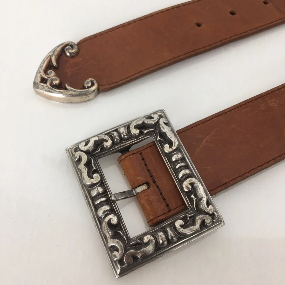 Vintage 90’s Another Line Inc. Brown Leather Belt Western Square Silver Buckle